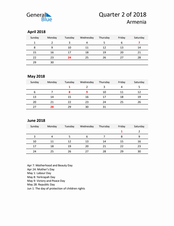 2018 Q2 Three-Month Calendar for Armenia