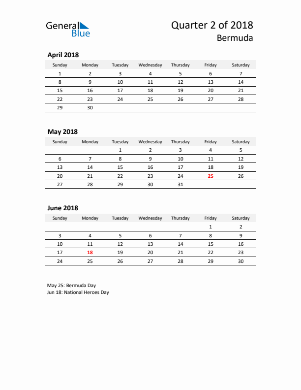 2018 Q2 Three-Month Calendar for Bermuda