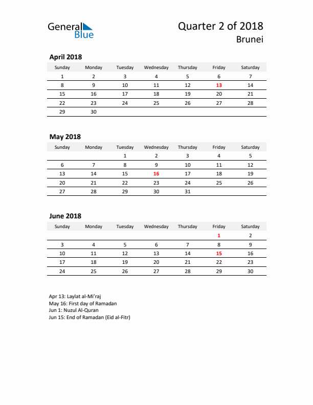 2018 Q2 Three-Month Calendar for Brunei