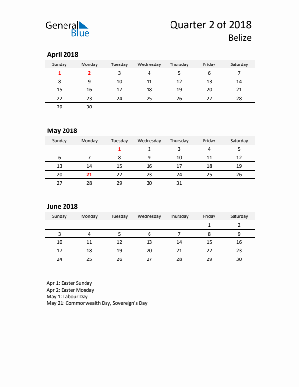 2018 Q2 Three-Month Calendar for Belize