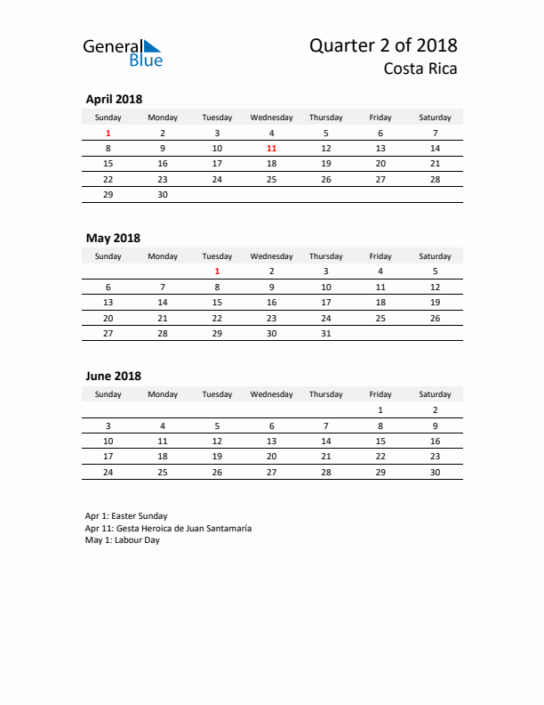 2018 Q2 Three-Month Calendar for Costa Rica