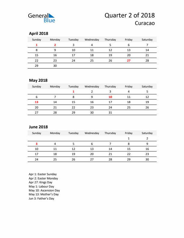 2018 Q2 Three-Month Calendar for Curacao