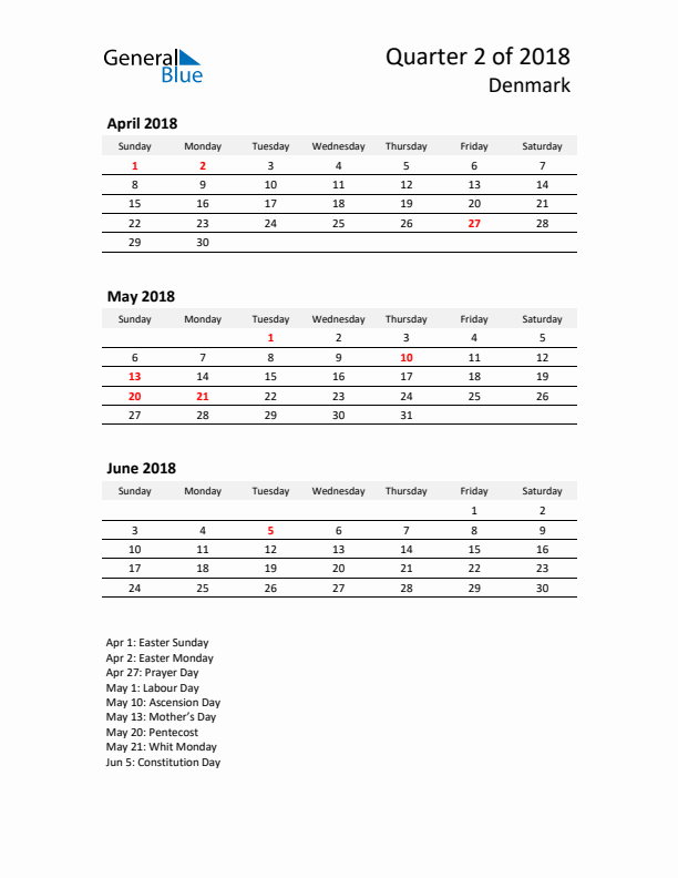 2018 Q2 Three-Month Calendar for Denmark