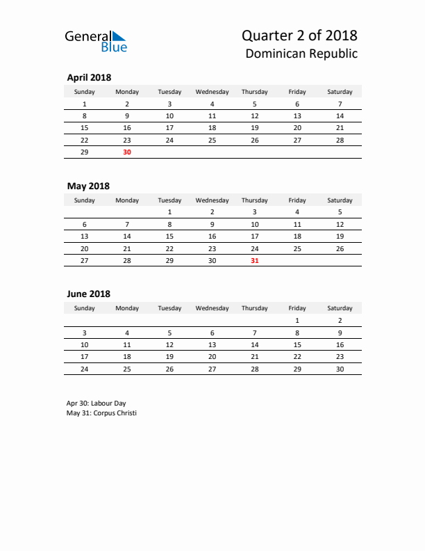 2018 Q2 Three-Month Calendar for Dominican Republic