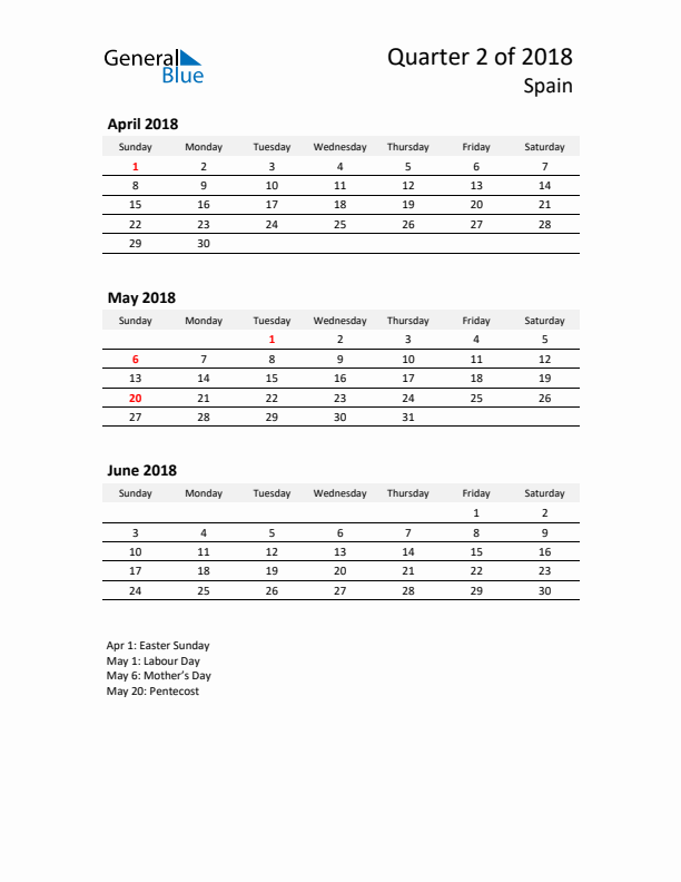 2018 Q2 Three-Month Calendar for Spain