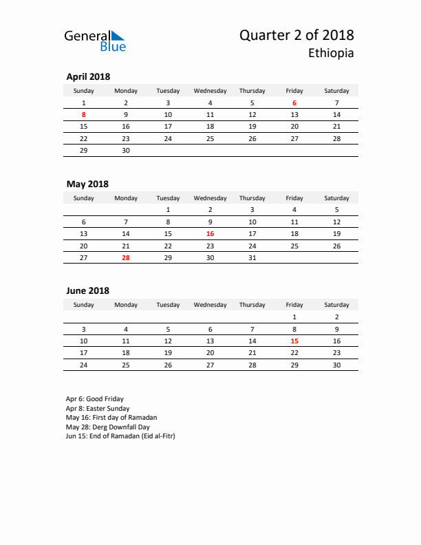 2018 Q2 Three-Month Calendar for Ethiopia