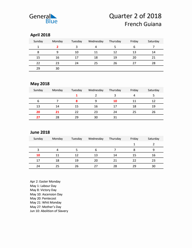 2018 Q2 Three-Month Calendar for French Guiana