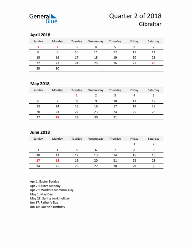 2018 Q2 Three-Month Calendar for Gibraltar