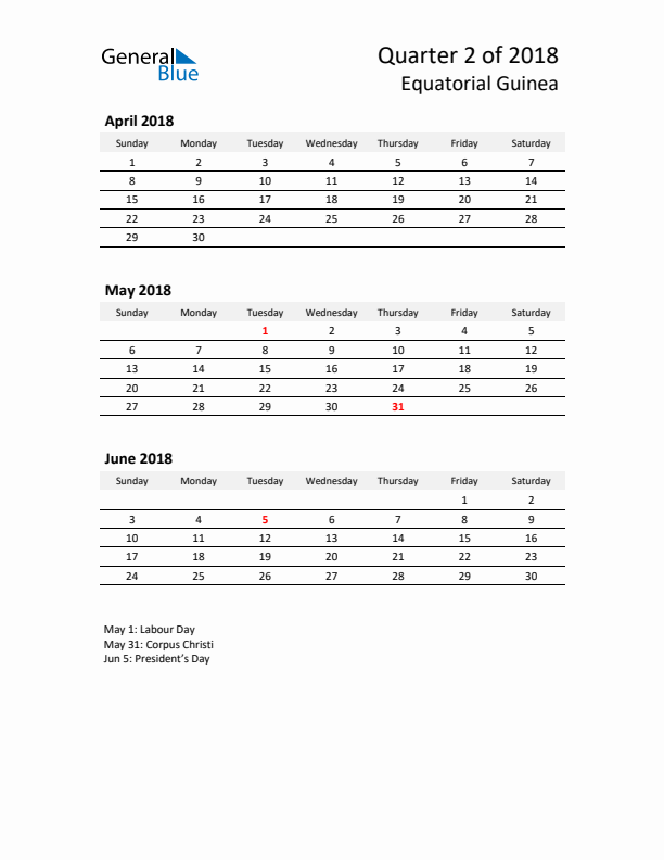 2018 Q2 Three-Month Calendar for Equatorial Guinea