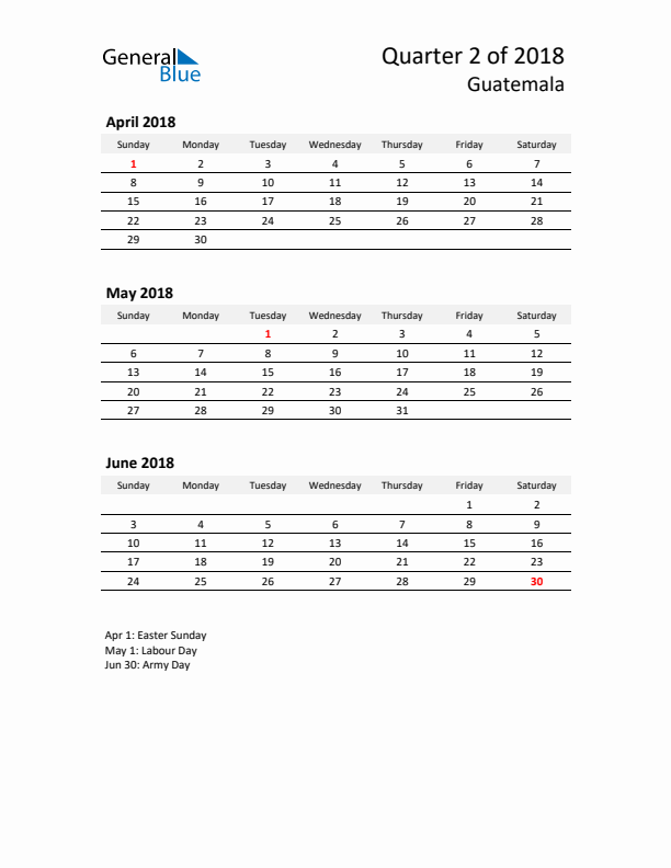 2018 Q2 Three-Month Calendar for Guatemala