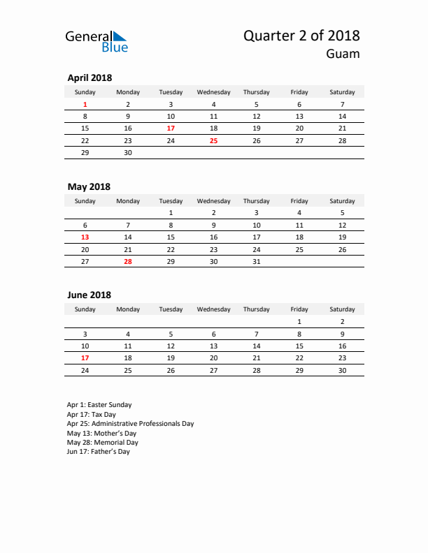 2018 Q2 Three-Month Calendar for Guam