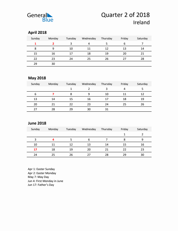 2018 Q2 Three-Month Calendar for Ireland