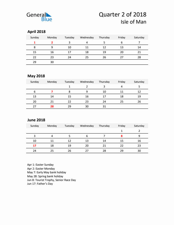 2018 Q2 Three-Month Calendar for Isle of Man