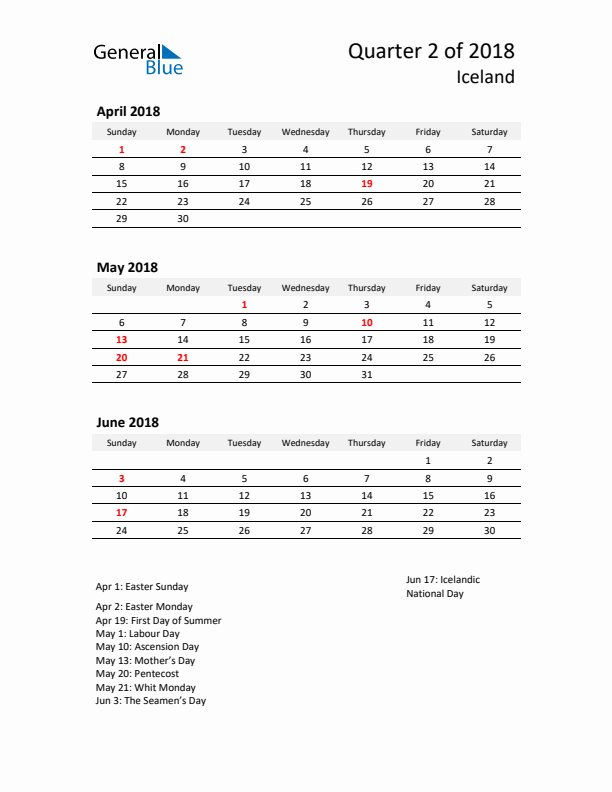 2018 Q2 Three-Month Calendar for Iceland