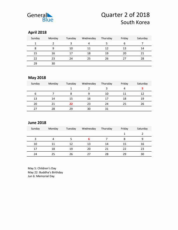 2018 Q2 Three-Month Calendar for South Korea