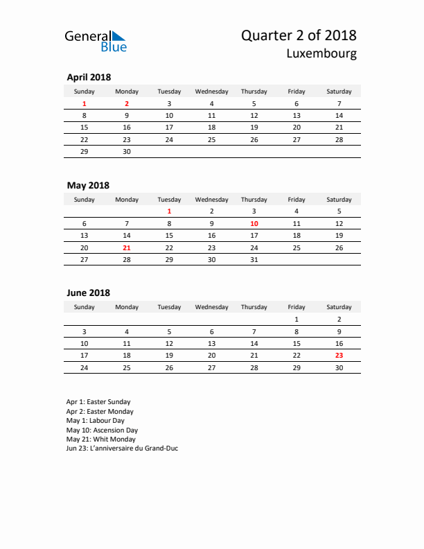 2018 Q2 Three-Month Calendar for Luxembourg