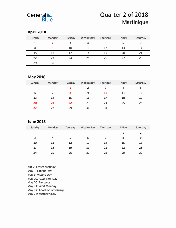 2018 Q2 Three-Month Calendar for Martinique