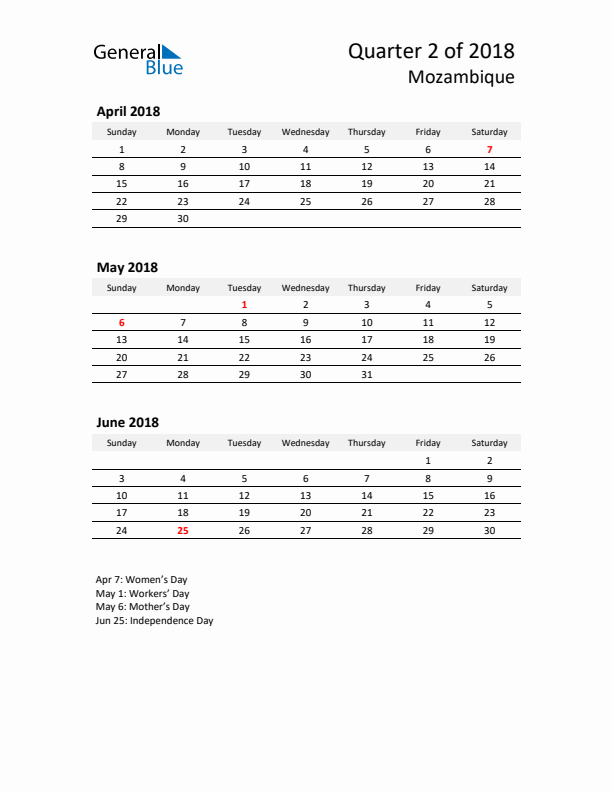 2018 Q2 Three-Month Calendar for Mozambique