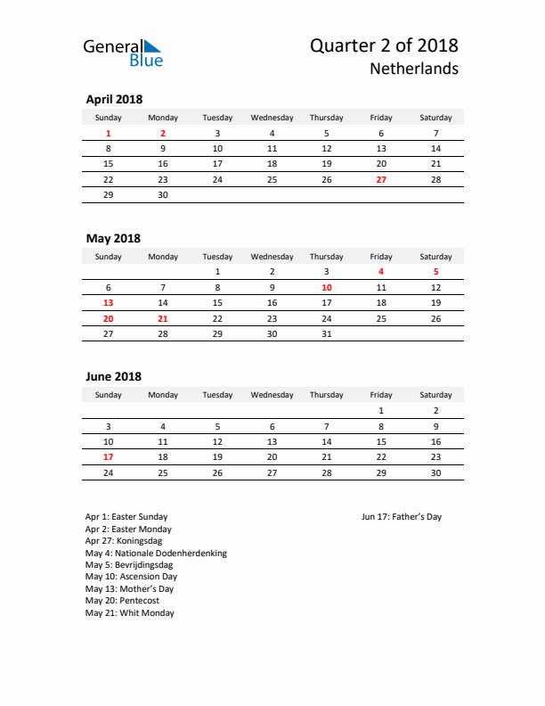 2018 Q2 Three-Month Calendar for The Netherlands