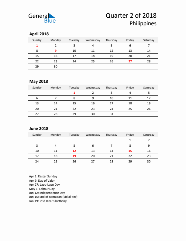 2018 Q2 Three-Month Calendar for Philippines