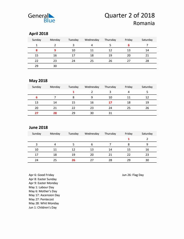 2018 Q2 Three-Month Calendar for Romania