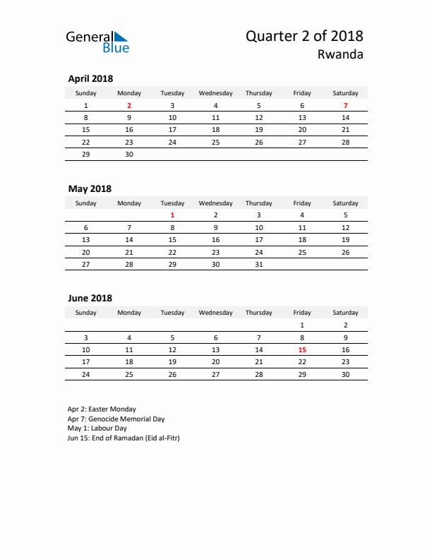 2018 Q2 Three-Month Calendar for Rwanda