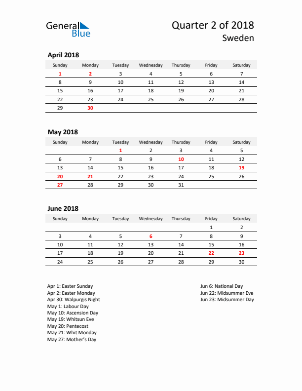 2018 Q2 Three-Month Calendar for Sweden