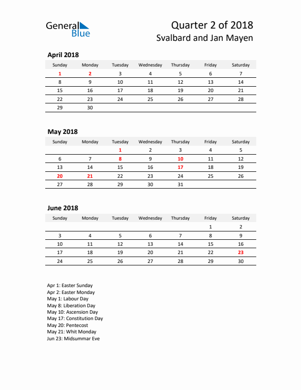 2018 Q2 Three-Month Calendar for Svalbard and Jan Mayen