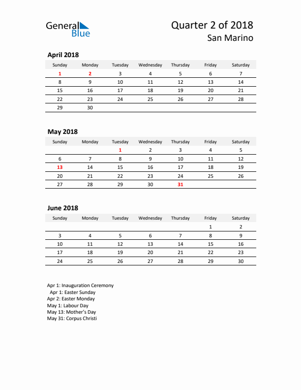 2018 Q2 Three-Month Calendar for San Marino