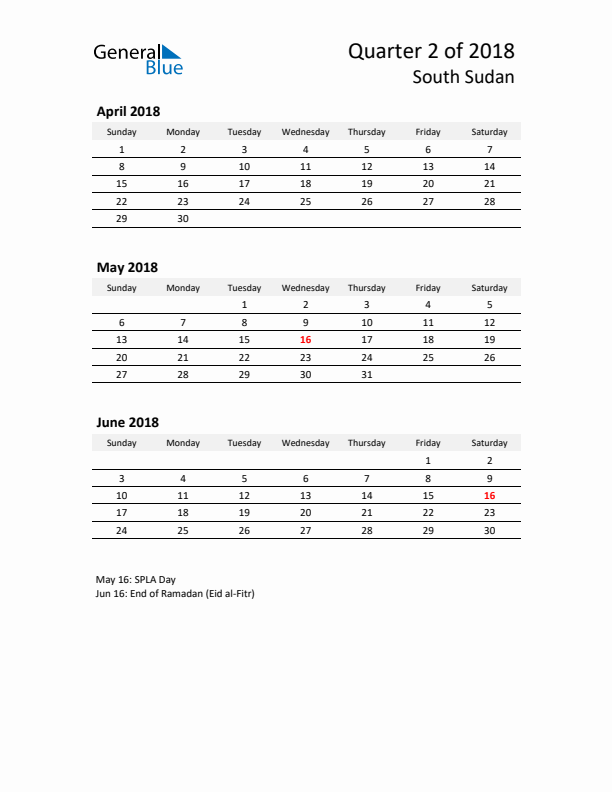 2018 Q2 Three-Month Calendar for South Sudan