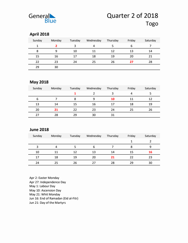 2018 Q2 Three-Month Calendar for Togo