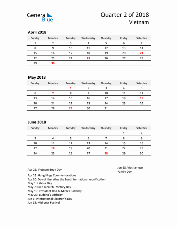 2018 Q2 Three-Month Calendar for Vietnam