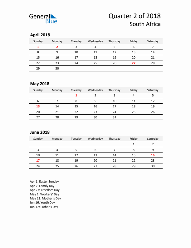 2018 Q2 Three-Month Calendar for South Africa