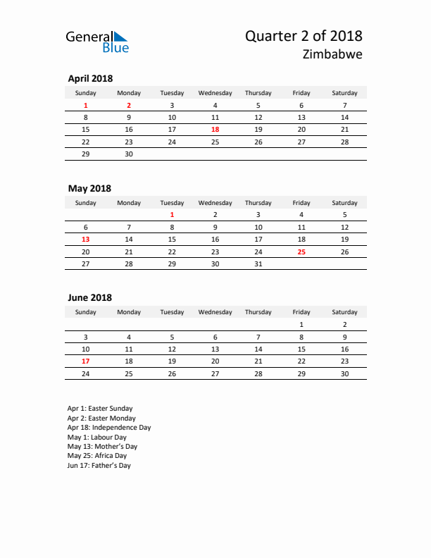 2018 Q2 Three-Month Calendar for Zimbabwe