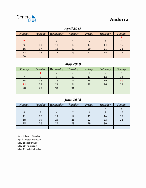 Q2 2018 Holiday Calendar - Andorra