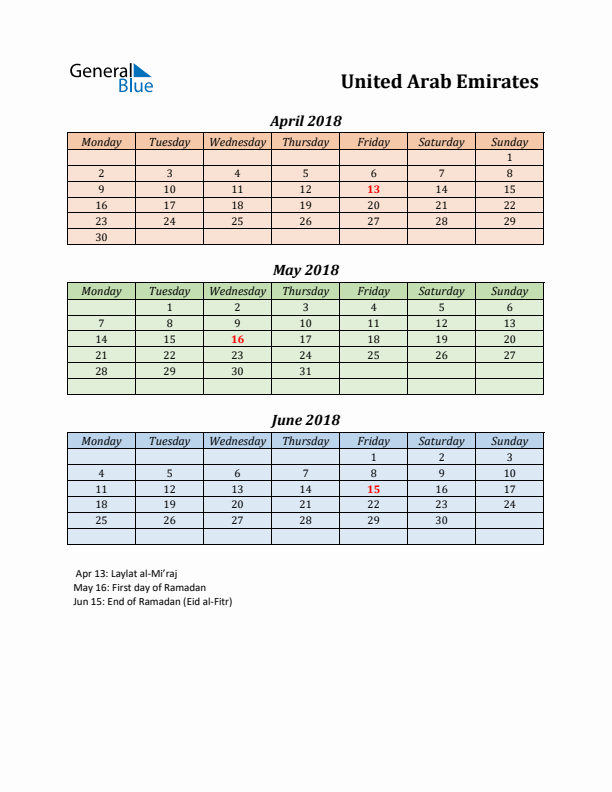 Q2 2018 Holiday Calendar - United Arab Emirates