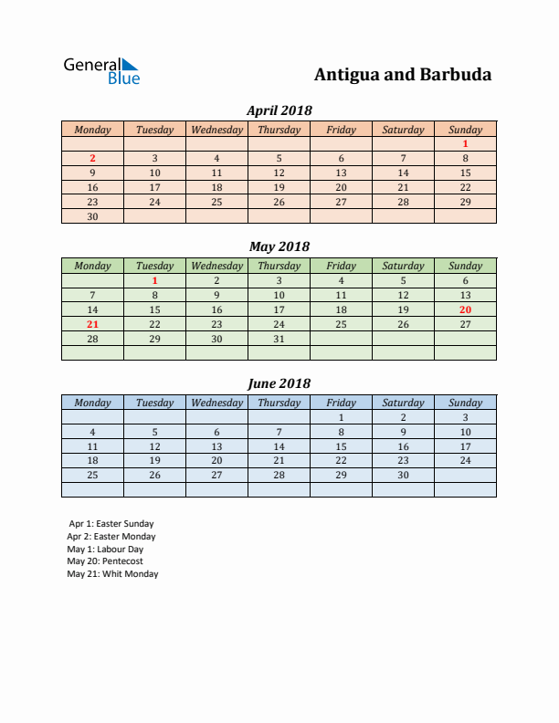 Q2 2018 Holiday Calendar - Antigua and Barbuda