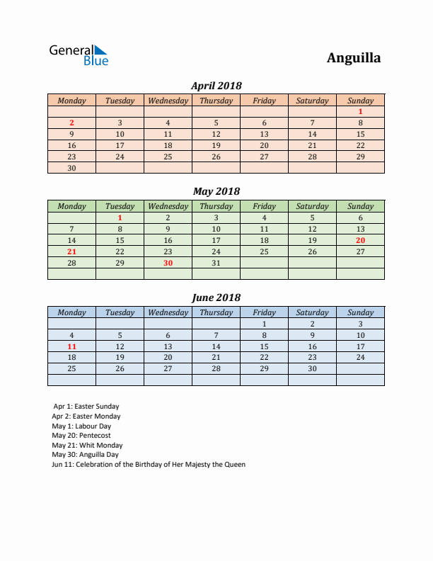 Q2 2018 Holiday Calendar - Anguilla