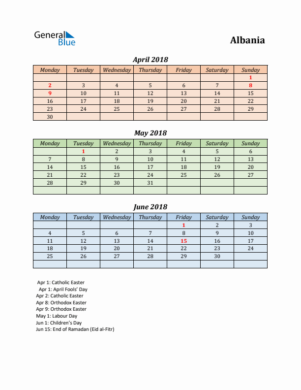 Q2 2018 Holiday Calendar - Albania