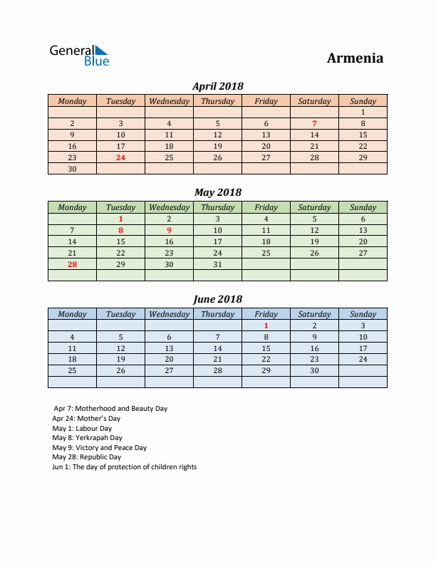 Q2 2018 Holiday Calendar - Armenia