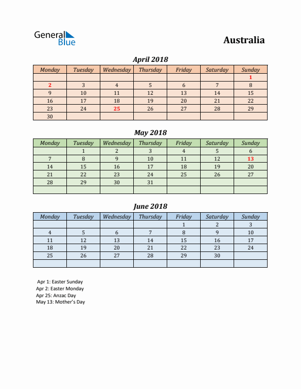 Q2 2018 Holiday Calendar - Australia