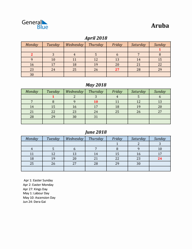 Q2 2018 Holiday Calendar - Aruba