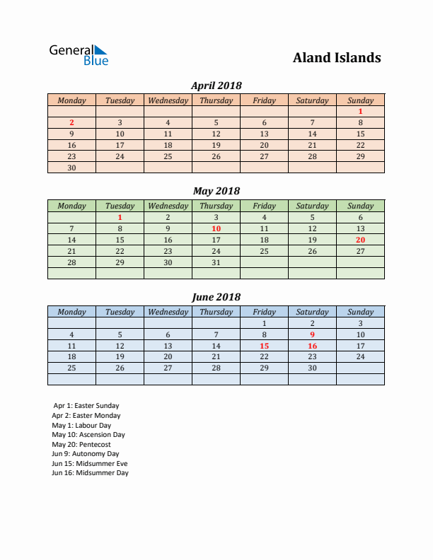 Q2 2018 Holiday Calendar - Aland Islands