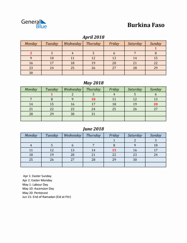 Q2 2018 Holiday Calendar - Burkina Faso