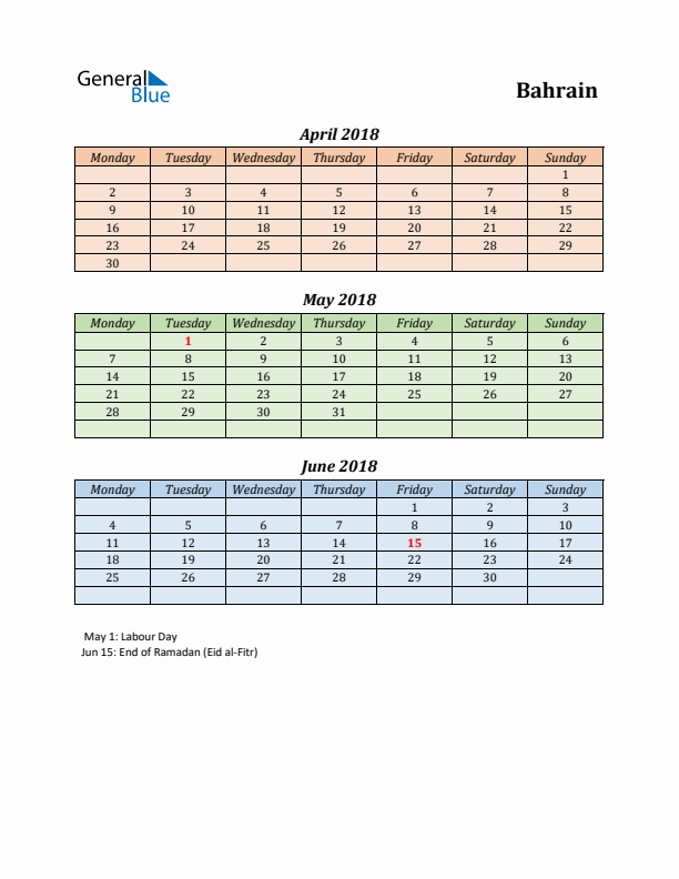 Q2 2018 Holiday Calendar - Bahrain