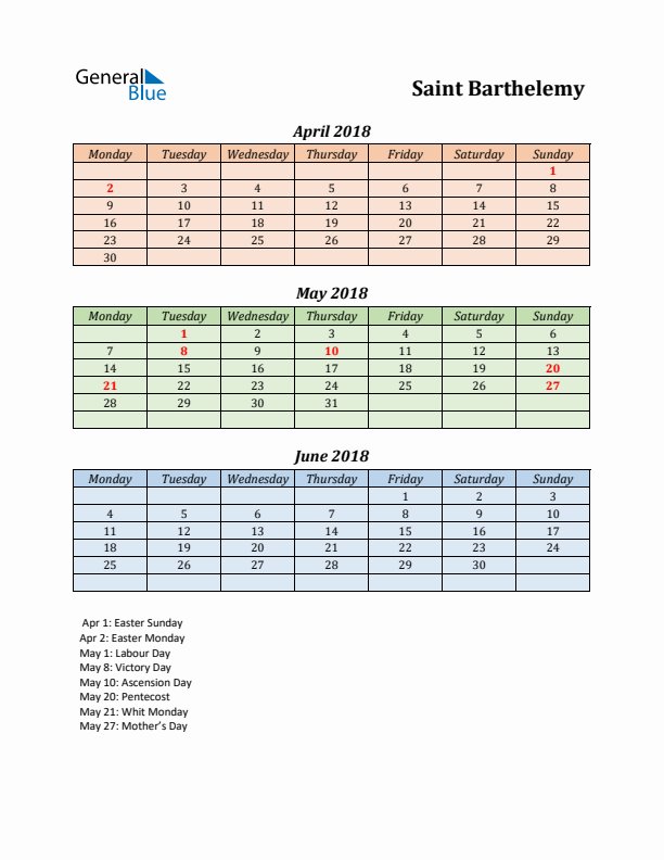 Q2 2018 Holiday Calendar - Saint Barthelemy