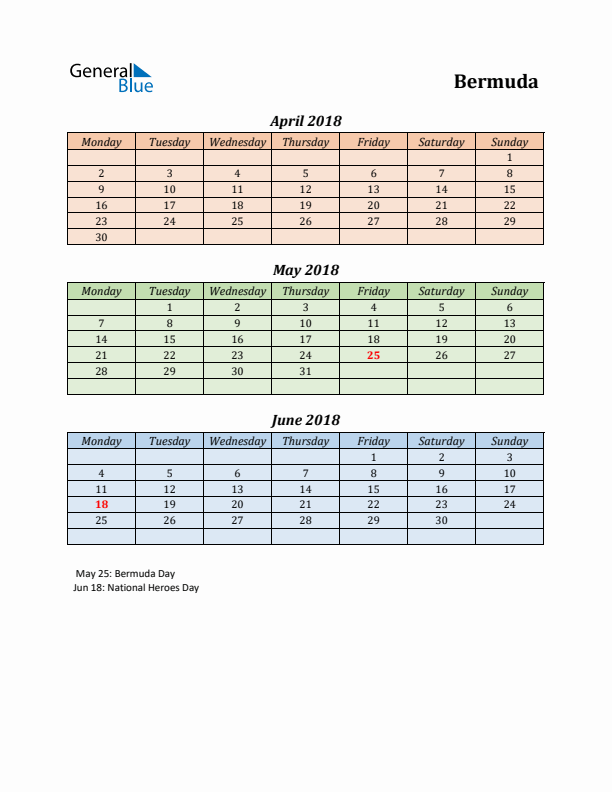 Q2 2018 Holiday Calendar - Bermuda