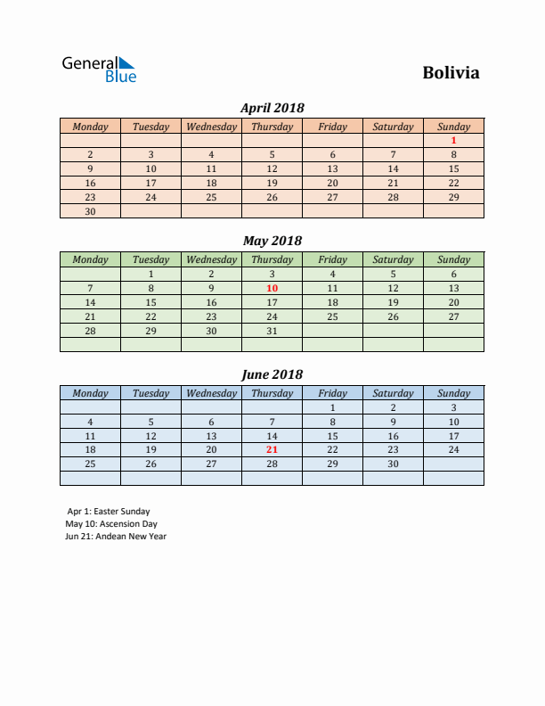 Q2 2018 Holiday Calendar - Bolivia