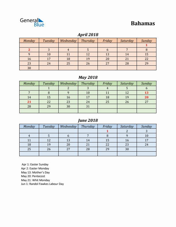 Q2 2018 Holiday Calendar - Bahamas