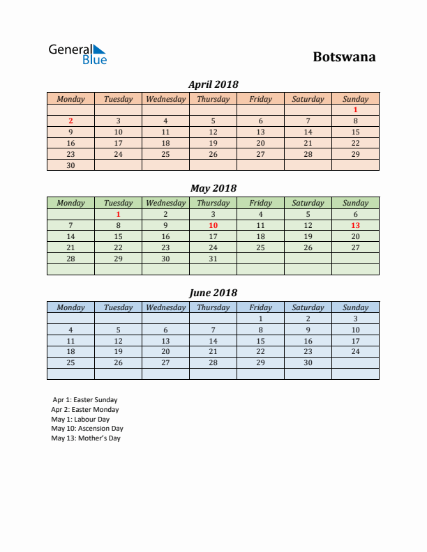 Q2 2018 Holiday Calendar - Botswana